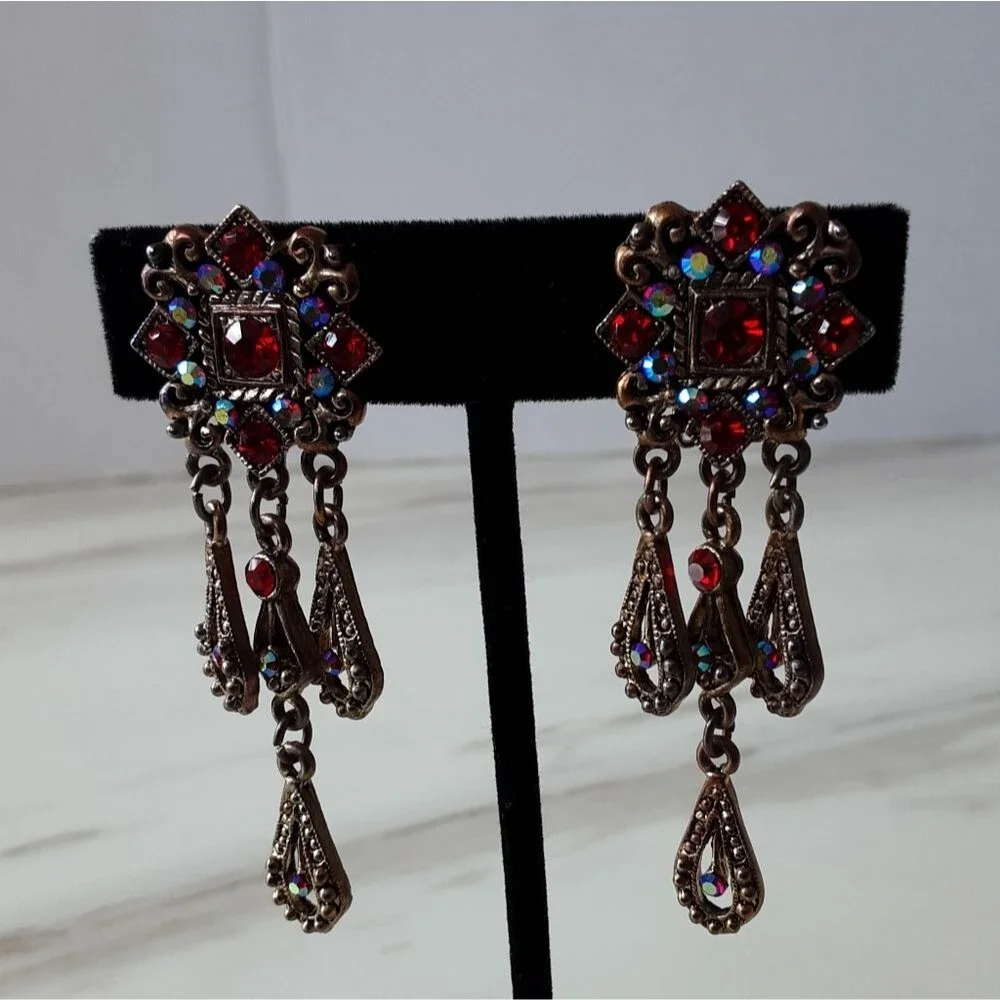 Victorian Styled Red Crystal | AB Chandelier 3 Dangle Clip-On Earrings - Vtg